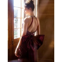Robe de Soirée de Luxe en Satin Respirant, Col Rond, Col à Nœud Élégant, Coupe Droite, Taille Naturelle, Longueur Ras du Sol avec Traîne, Été