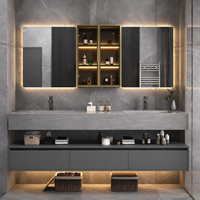 Meuble-lavabo double vasque moderne suspendu avec miroir LED, ensemble de meuble-lavabo gris mural avec rangement pour projets hôteliers