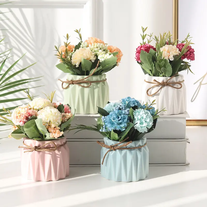 High quality pink hydrangea home wedding desktop silk artificial flower decor with small ceramic flower pots