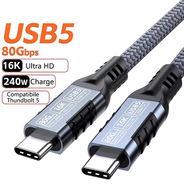 USB 5 Cable Thunderbolt5 80Gbps USB C 16K/8K Video Cable PD240W Fast Charger for Macbook Pro Hard Disk USB5 Data Cable 1m 2m 3m