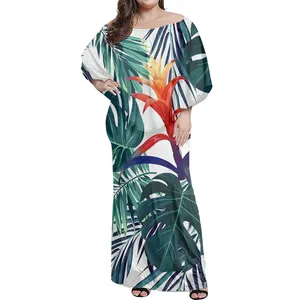 Vestido largo de diseño Hawaiano para mujer, estampado de hojas de palma, hombros descubiertos, chal, Tops, Ponchos grandes