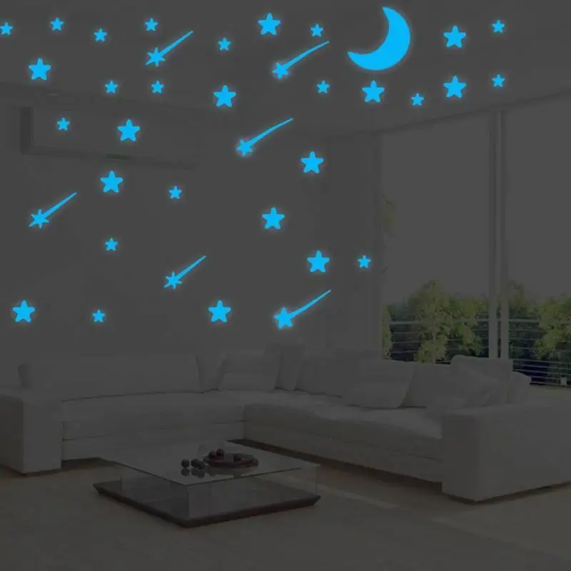 Luminoso Moon Star Wall Sticker Glow Dark fluorescente Wall Art decalcomanie per la decorazione del soffitto della camera da letto dei bambini di casa