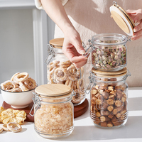Bouteille en verre à large ouverture personnalisée de 500 ml, 750 ml, 1 L, 1,5 L avec couvercles en bois, récipient en verre pour aliments, bocaux de conservation en verre avec couvercle à clip