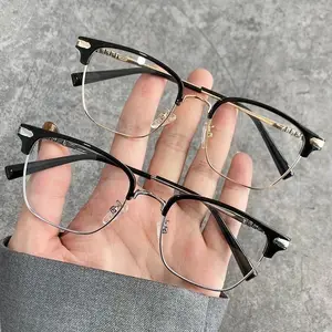 カスタム新着ブルーライトブロッキングコンピューターグラス光学メガネレトロメタル近視ハーフフレームブラック眼鏡フレーム
