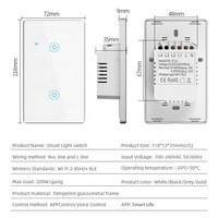 Interrupteur intelligent sans neutre pour le contrôle Alexa Google, 1/2/3/4 gangs, 10A, interrupteur tactile WiFi avec verre trempé, US