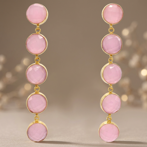 Boucles d'oreilles pendantes longues en calcédoine rose, plaqué or 18 carats, argent, bijoux fantaisie roses pour enfants - Product Image 4