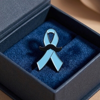 Broche de revers en métal émaillé bleu clair avec ruban et moustache, pour la sensibilisation à la santé masculine Movember, avec impression sérigraphiée