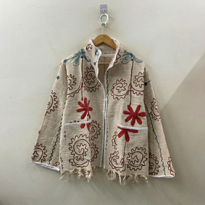 Veste Bohème en Coton Brodé à Col Mandarin, Manches Longues, Fermeture Éclair, Motif Floral, Manches Chauve-Souris, Vêtement d'Extérieur pour Femme - Product Image 1
