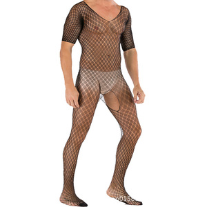 Men <b>Fishnet</b> Bodysuit Black Spandex Polyester Stage Performance Wear Full Body Mesh Costume - Product Image 3