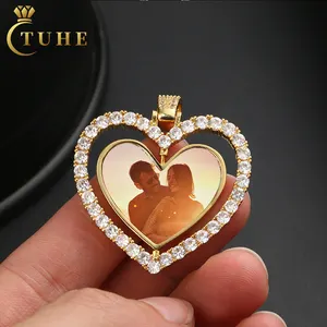 Iced Out Memory Jewelry 40mm Gold Plated Brass AAAAA CZ Diamond Two Side Heart Shape Custom Picture Pendant Photo Necklace