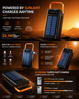 Batterie solaire portable HYTO Outdoor 100000mah, charge rapide PD 22.5W, Powerbank 50000mah, chargeur portable avec lumière LED, câble intégré