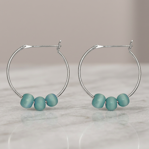 Women's Silver Plated Hoop <b>Earrings</b> with Teal Imitation Pearl Beads Casual Fashion Jewelry - Product Image 4