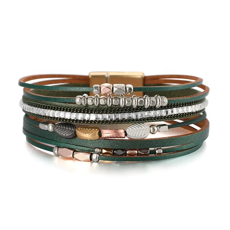 New Arrival Bohemian Multi-Layer PU Leather Wrap Bracelet with Magnetic Buckle Cuff Bracelet Jewelry