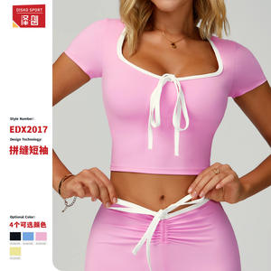 Déstockage : Haut de yoga pour femme, col carré, manches courtes, avec bordure contrastante, coupe courte, bleu goutte d'eau, coupe ajustée, pour le sport et le fitness en extérieur - Product Image 5