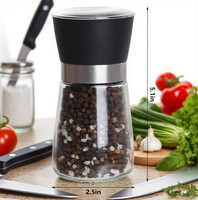 180ml 6OZ Offre Spéciale personnalisé Mini cuisine épices sel poivre moulin en acier inoxydable verre réglable couvercle noir bouchon à vis