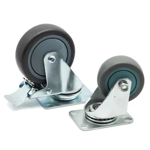 4 Inch Caster Wheels Black Rubber With Stem Fixed Wheel With Brake Solid Rubber Wheels