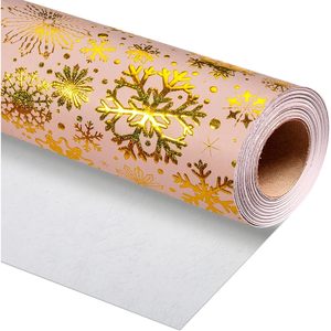 Flyhill Kraft Christmas Wrapping <b>Paper</b> Pink Gold Snowflake Foil Gift <b>Wrap</b> <b>Roll</b> 17inch x 32.8ft Single Side Recyclable - Product Image 1