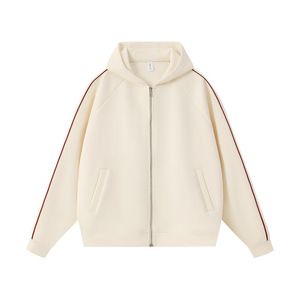 Cream <b>Zip</b> <b>Up</b> Hooded Sweatshirt Regular Fit Knitted Hoodie Solid Color Casual Men's <b>Jacket</b> - Product Image 1