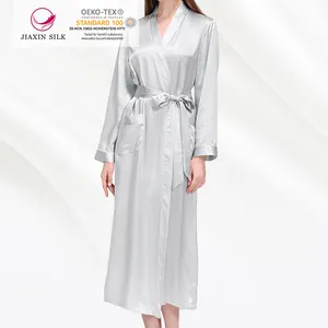 19 Momme 100% Robe en soie Kimono mode manches longues avec passepoil Robe en soie de mûrier
