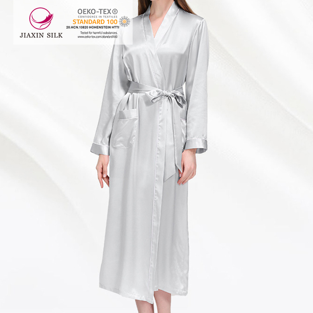 19 Momme 100% Mulberry Silk  Robe Kimono Fashion Long Sleeves with Piping  Mulberry Silk Robe