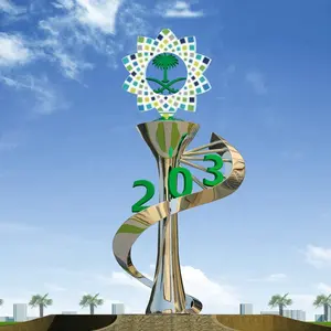 Özelleştirilmiş modern yapay metal sanat manzara ekran heykeli suudi arabistan görüş 2030 büyük paslanmaz çelik açık heykel