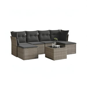 Ensemble de canapés de jardin en rotin gris 6 places, mobilier d'extérieur au design contemporain, structure en acier, plateau en verre trempé - Product Image 1