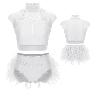 Girls Latin Dance Costume Two Piece Crop <b>Top</b> Cold Shoulder High Waist Shorts <b>Feather</b> Trim Rhinestone Stage Show Outfit Custom - Product Image 2