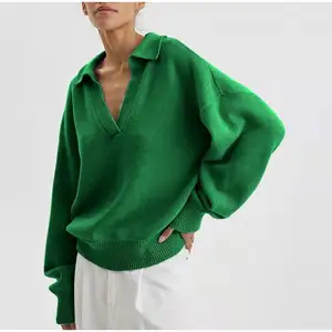 Pull-over décontracté à la mode avec logo personnalisé Chemise à col polo Pull-over ample en tricot pour femmes