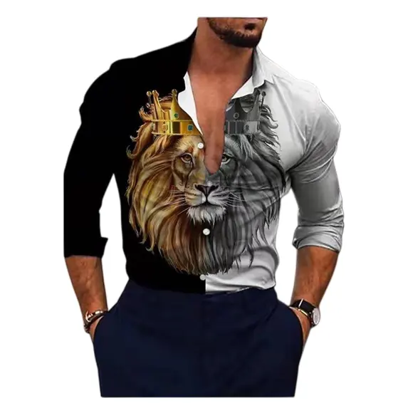 Personality masculine man temperament shirt lion printed shirt 2022 MEN'S long-sleeved polo collar blouse Hawaii social tops