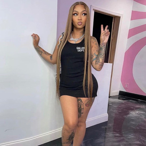 C1287 Großhandel New <span class=keywords><strong>Fashion</strong></span> Einfache Designer Brief druck Solid Knitted Women Casual Sun Dress - Product Image 2