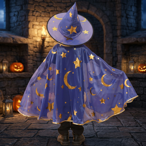 Capa de Disfraz de Halloween con Sombrero, Patrón de Estrellas Doradas, para Fiesta de Brujas, Unisex, para Niños, Juego de Roles, Capa de Bruja, Varita de Hada - Product Image 3