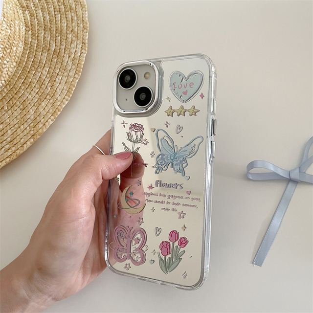 Butterfly Flower Makeup Mirror & Mobile Phone Case for iPhone 11 12 13 14 15 16 17Pro Max Convenient Accessory Bag