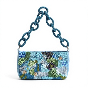 Bolso de Mano Azul con Cuentas y Flores para Mujer, Bolso Bandolera con Correa de Cadena - Product Image 1