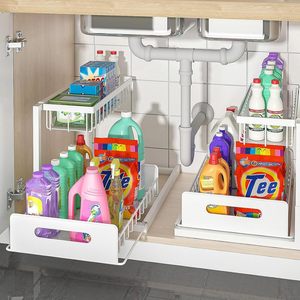 Organisateur de maison en plastique à deux niveaux Étagère coulissante multi-usage pour le <span class=keywords><strong>rangement</strong></span> <span class=keywords><strong>sous</strong></span> l'évier de la cuisine pour les éviers soucieux de l'espace - Product Image 2