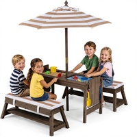 Table de pique-nique 4-en-1 pour enfants avec banc, boîte amovible, parapluie, housse imperméable, outils de jardin et coussins