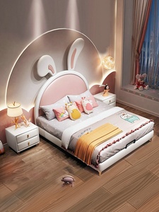 Ensemble de meubles de chambre d'enfant au design moderne avec oreilles de lapin rose de dessin animé - <span class=keywords><strong>Lit</strong></span> princesse en forme de lapin - <span class=keywords><strong>Lit</strong></span> moelleux pour filles - Product Image 2