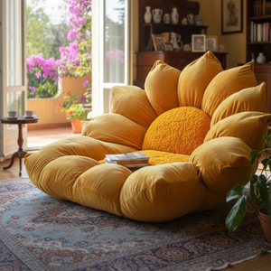 Sofa Lantai Beludru Bunga Matahari Kuning, Kursi Bean Bag Santai Bentuk Bunga, Furnitur Rumah Nyaman, Alas Tatami Bulu Besar - Product Image 2
