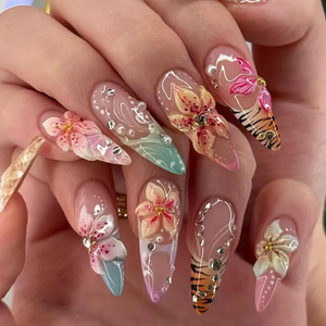 <span class=keywords><strong>Uñas</strong></span> Postizas Francesas Semimanuales a Presión, <span class=keywords><strong>Estilo</strong></span> Moderno con Estampado <span class=keywords><strong>de</strong></span> Cebra y Leopardo, con Perlas <span class=keywords><strong>Pequeñas</strong></span> y Cuentas Doradas, Precio Bajo al por Mayor - Product Image 5