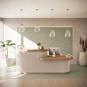 वाणिज्यिक फर्नीचर फ्रंट टेबल लक्जरी गुलाबी सफेद सोने के रिसेप्शन डेस्क कार्यालय भवन अनुप्रयोग रिसेप्शन डेस्क - Product Image 1