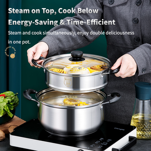 Marmite en acier inoxydable SUS 304 avec poignée en bakélite, couvercle en verre trempé transparent et compartiment vapeur – Ensemble d'ustensiles de cuisson - Product Image 6