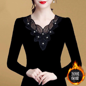 Women's Fleece Lined Long Sleeve Lace <b>Top</b> Slim Fit Black Autumn Base <b>Layer</b> Elegant Hollow Out Diamond Stud Splicing - Product Image 3