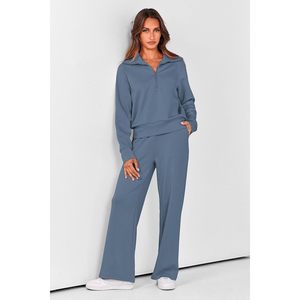 Ensemble de survêtement 2 pièces pour femme, décontracté, avec sweat-shirt à col à revers et demi-zip, pantalon large respirant, idéal pour le quotidien - Product Image 3