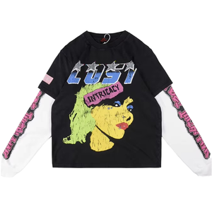 Camiseta de Manga Larga para Hombre, Estilo Vintage Lavado, Color de Moda Urbana, Estampado en Caliente, Tejido de Punto, 100% Algodón, Casual, Digital - Product Image 1