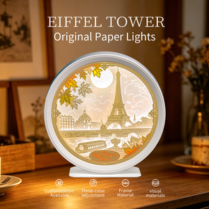 Lampe d'ombre LED 3D en papier découpé Tour Eiffel de <span class=keywords><strong>Paris</strong></span>, cadre rond, pour souvenir de voyage, décoration, lampe de nuit de bureau - Product Image 1