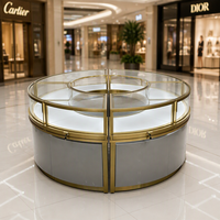 Vitrine à bijoux ronde haut de gamme en verre, comptoir d'exposition modulaire doré, aménagement intérieur de magasin de luxe