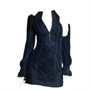Vestido Midi de Poliamida con Cuello en V y Bordado para Mujer, Manga Larga, Corte Moderno con Cierre Frontal y Paneles de Encaje, Sexy y Casual - Product Image 3