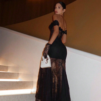 Robe longue moulante noire en maille florale à manches longues et col carré, froncée et fendue, pour soirée et sorties nocturnes