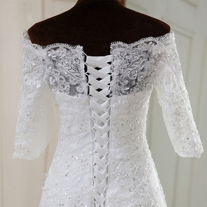 Mermaid Wedding Dress Off-the-Shoulder Scalloped Neckline White Polyester Vintage Style for Petite Brides - Product Image 4