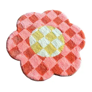 Orange Flower Designer Custom Small for Living Room Chequered Rug Handmade Tufted Cute Punch Needle Rug