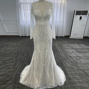 Luxury sparky beaded o neck mermaid bride wedding dress long sleeves bridal wedding gown custom made